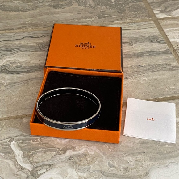 Hermes Bangle Curry Silver Navy Blue Enamel Bracelet - Picture 5 of 8